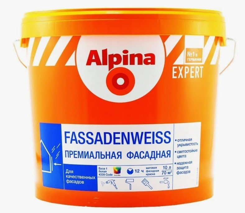 Водно-дисперсионная фасадная краска Alpina EXPERT Fassadenweiss. База 3. Объем: 2,35 л / 3,36 кг.