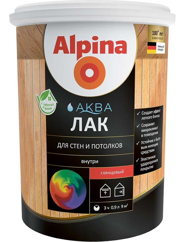 Лак акриловый Alpina АКВА Лак для стен и потолков шелковисто-матовый. Объем: 0,9 л / 0,90 кг.