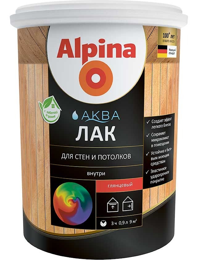 Лак акриловый Alpina АКВА Лак для стен и потолков глянцевый. Объем: 0,9 л / 0,90 кг.
