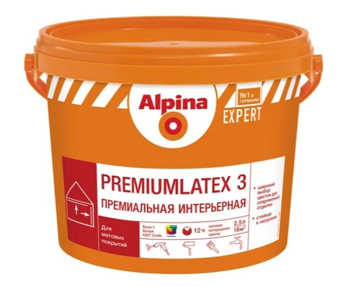 Водно-дисперсионная интерьерная латексная краска Alpina Expert Premiumlatex 3. База 1. Объем: 10 л / 16,4 кг.
