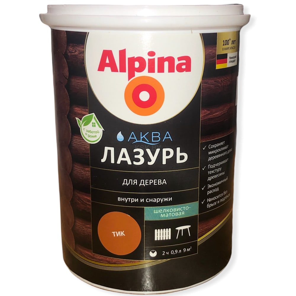 Alpina АКВА Лазурь для дерева цветная, Тик. Объем: 0,9 л / 0,90 кг.