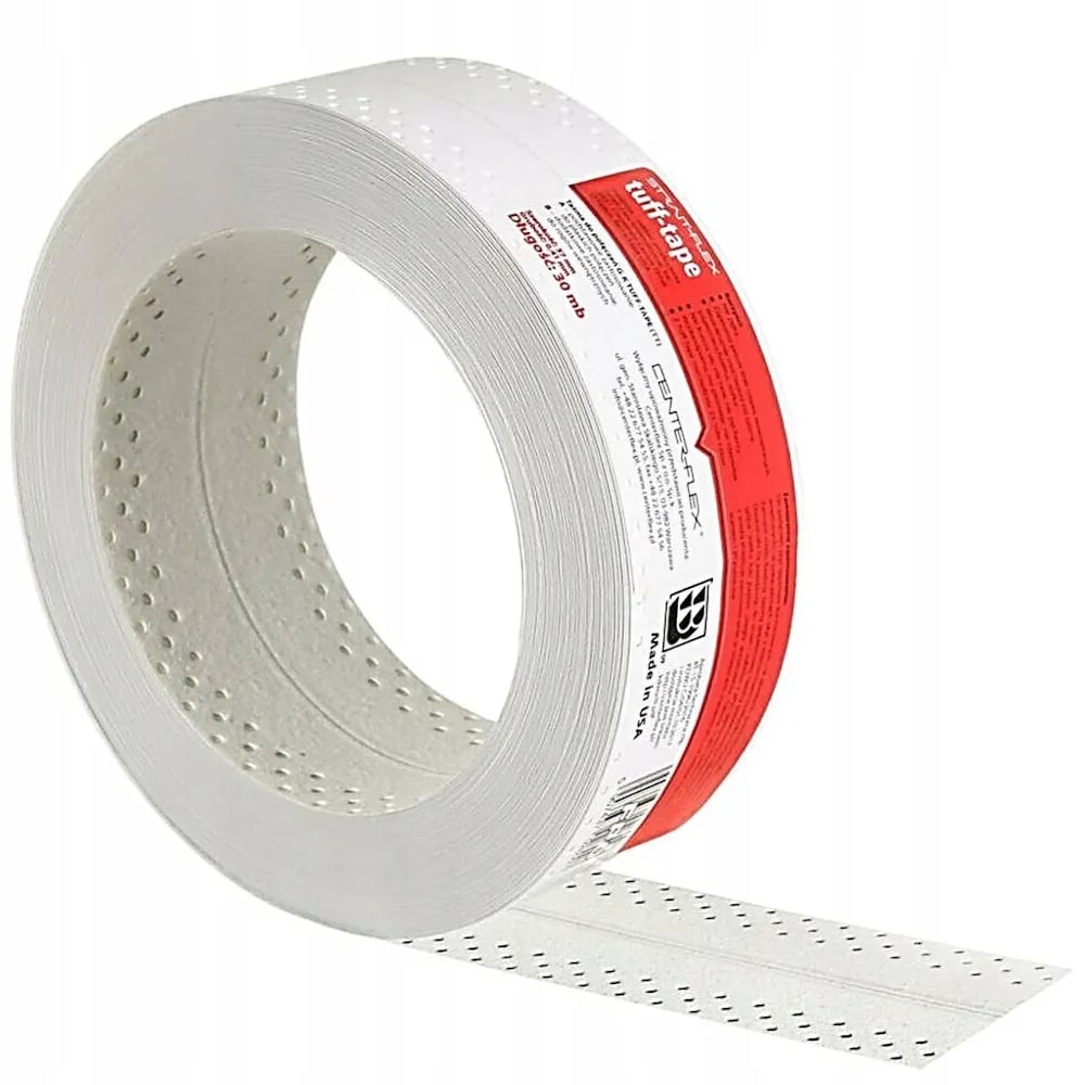 Армирующая лента Strait-Flex Tuff-Tape (Американка), 57 мм × 30 м, красная. Для армирования стыков гипсокартона и формирования внутренних и внешних углов. Прочная, гибкая, влагостойкая, с перфорированными краями.