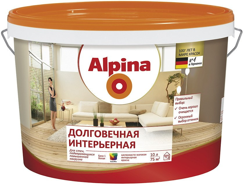 Водно-дисперсионная акриловая краска Alpina Долговечная интерьерная. База 1. Объем: 2,5 л.  