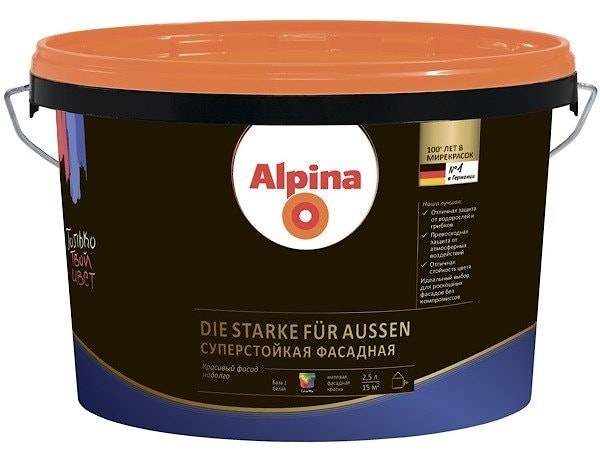 Водно-дисперсионная акриловая краска Alpina Суперстойкая фасадная (Alpina Die Starke fur Aussen). База 3. Объем: 9,4 л.  