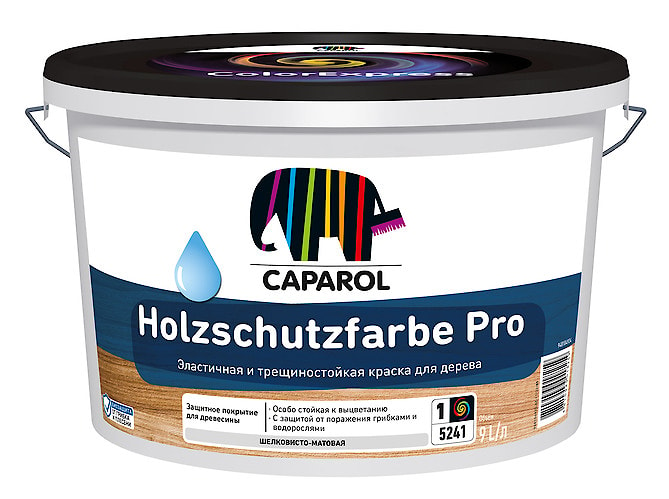 Caparol Holzschutzfarbe Pro (Капарол Хольцшутцфарбе Про): фасадная и интерьерная акрилатная краска для древесины. База 1. Объем: 9 л / 11,7 кг.  