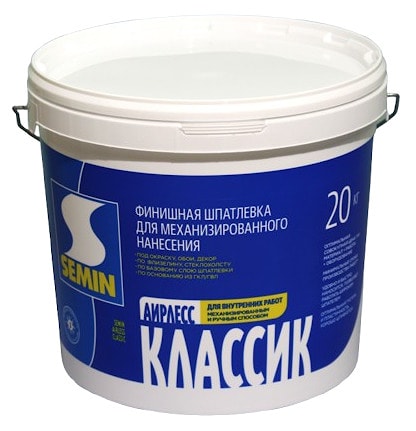 Шпатлёвка SEMIN Airless Classic с белой крышкой: финишная шпатлевка для ручного и механизированного (безвоздушного) нанесения. Объем: 20 кг. 