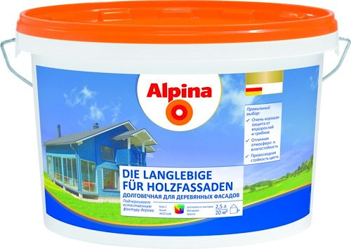Акриловая водно-дисперсионная краска Alpina Долговечная для деревянных фасадов (Alpina Die Langlebige fuer Holzfassaden). База 1. Объем: 10 л / 12,9 кг.  