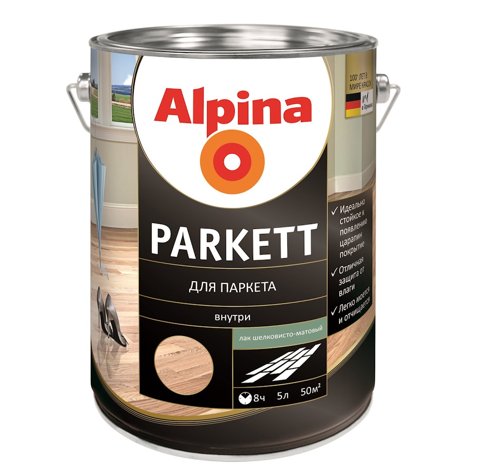 Паркетный алкидный лак Alpina (Alpina Parkett) шелковисто-матовый. Объем: 750 мл / 0,704 кг.  